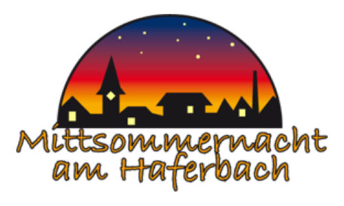 Logo der Mittsommernacht am Haferbach. Halbkreis als Schneeglocke mit Sternenhimmel und Papierschnitt einer Statt mit leuchtenden Fenstern bei Abenddämmerung.